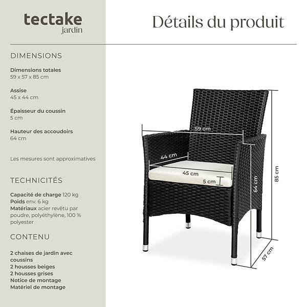 TECTAKE - Lot de 2 fauteuils de jardin en rotin avec 2 sets de housses noir/beige - large