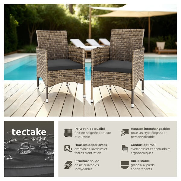 TECTAKE - Lot de 2 fauteuils de jardin en rotin avec 2 sets de housses marron naturel/gris foncé - large