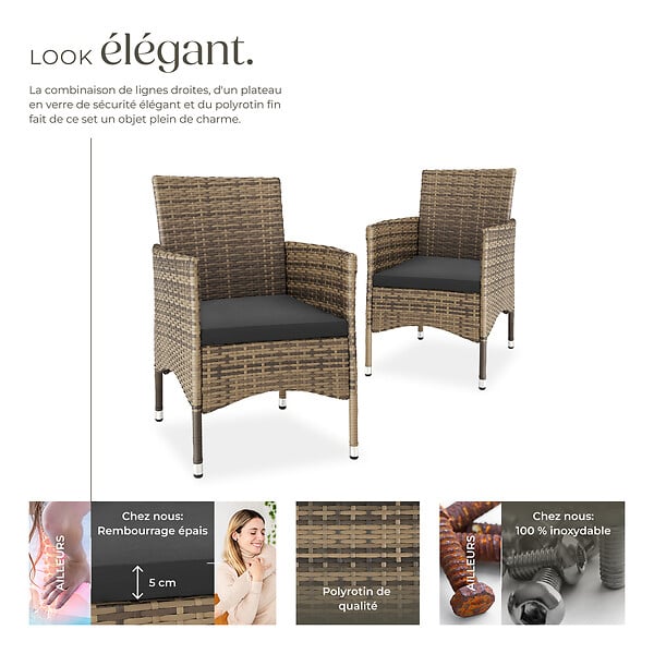 TECTAKE - Lot de 2 fauteuils de jardin en rotin avec 2 sets de housses marron naturel/gris foncé - large
