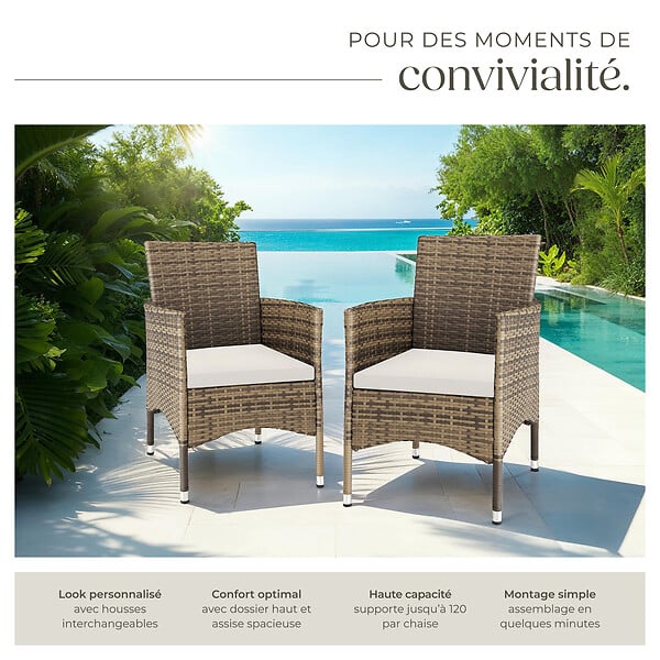TECTAKE - Lot de 2 fauteuils de jardin en rotin avec 2 sets de housses marron naturel/gris foncé - large