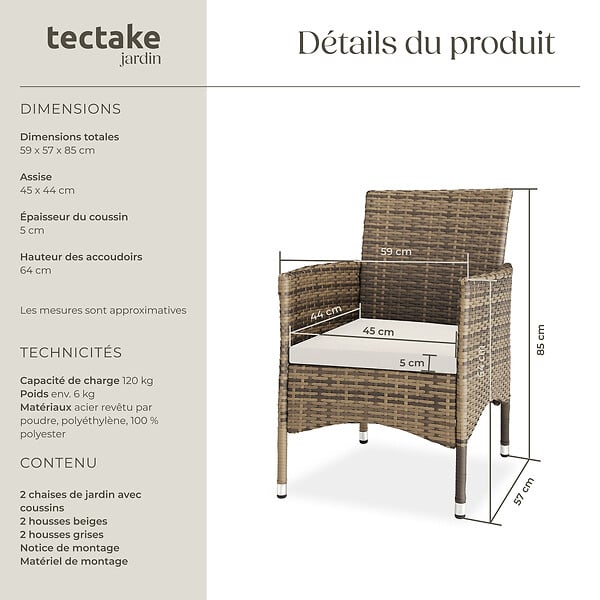 TECTAKE - Lot de 2 fauteuils de jardin en rotin avec 2 sets de housses marron naturel/gris foncé - large