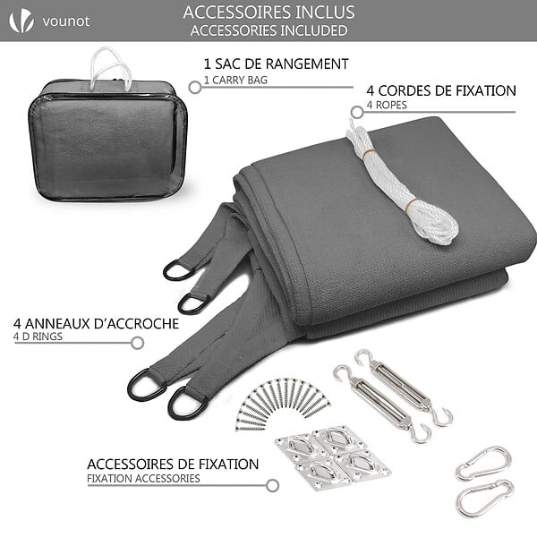VOUNOT - Voile d'ombrage rectangulaire avec 24pcs kit de fixation 3x2.5 Gris - large