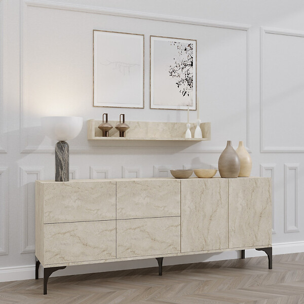 CONCEPT USINE - Buffet effet travertin 180 cm 6 portes et étagère AURA - large
