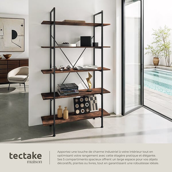 TECTAKE - Etagère bibliothèque GLASGOW style industriel 106 x 34,5 x 179,5 cm Bois foncé industriel, rustique - large