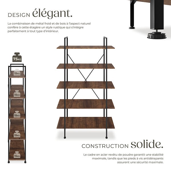 TECTAKE - Etagère bibliothèque GLASGOW style industriel 106 x 34,5 x 179,5 cm Bois foncé industriel, rustique - large