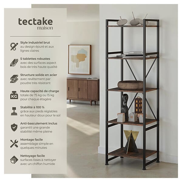 TECTAKE - Etagère bibliothèque MANCHESTER style industriel 47,5 x 34,5 x 151,5 cm Bois foncé industriel, rustique - large
