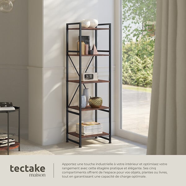 TECTAKE - Etagère bibliothèque MANCHESTER style industriel 47,5 x 34,5 x 151,5 cm Bois foncé industriel, rustique - large