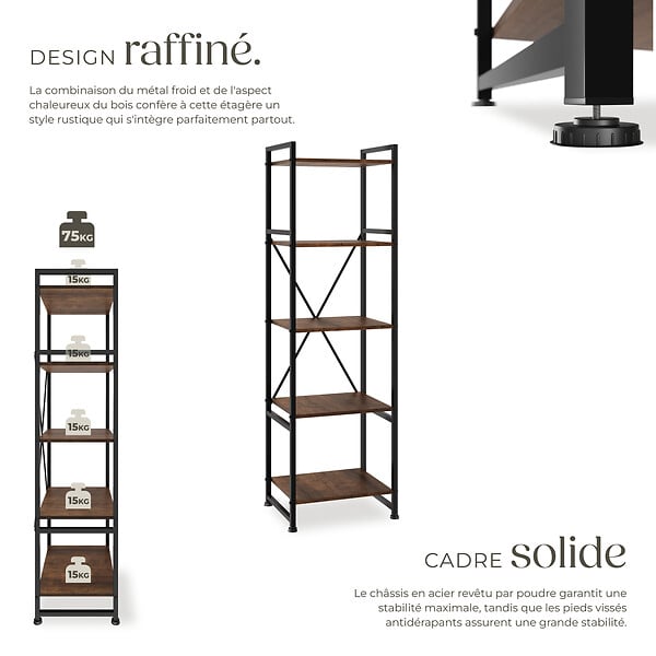 TECTAKE - Etagère bibliothèque MANCHESTER style industriel 47,5 x 34,5 x 151,5 cm Bois foncé industriel, rustique - large