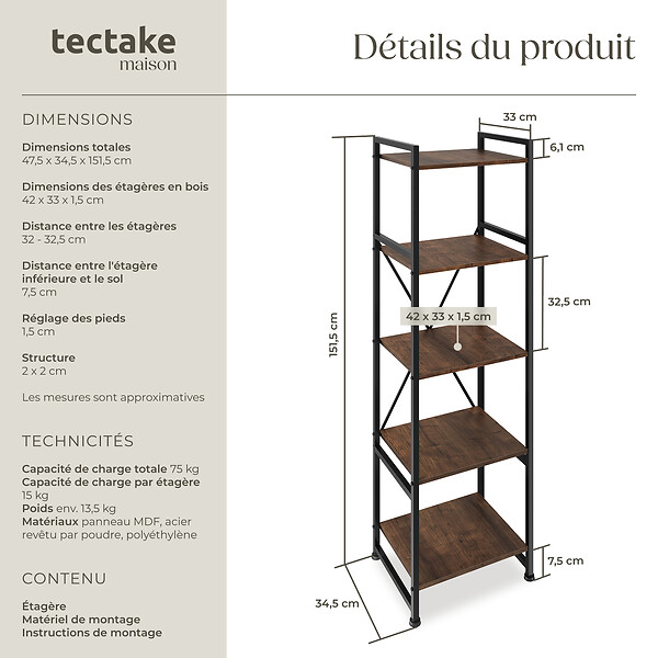 TECTAKE - Etagère bibliothèque MANCHESTER style industriel 47,5 x 34,5 x 151,5 cm Bois foncé industriel, rustique - large