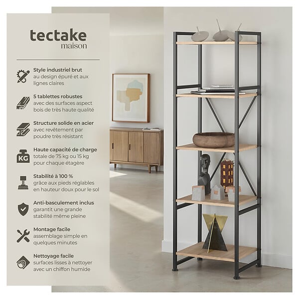 TECTAKE - Etagère bibliothèque MANCHESTER style industriel 47,5 x 34,5 x 151,5 cm Bois clair industriel, Chêne Sonoma - large