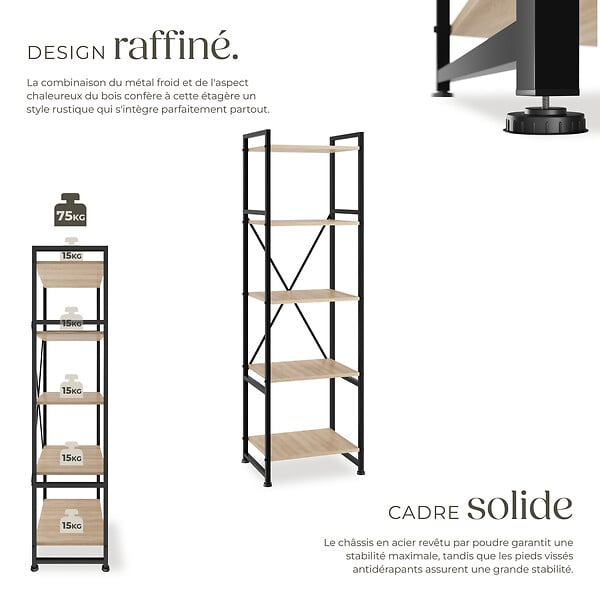 TECTAKE - Etagère bibliothèque MANCHESTER style industriel 47,5 x 34,5 x 151,5 cm Bois clair industriel, Chêne Sonoma - large