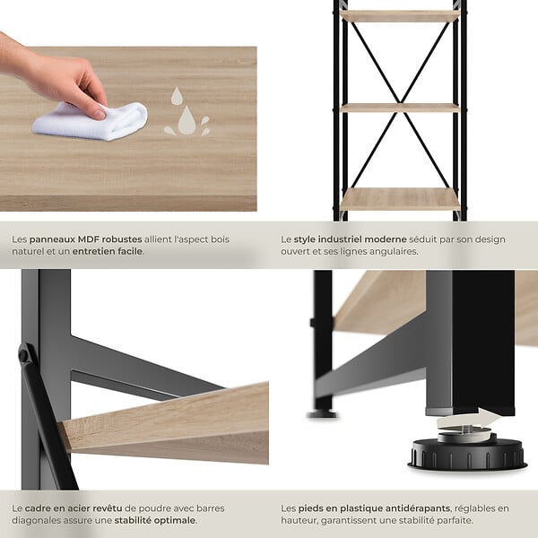TECTAKE - Etagère bibliothèque MANCHESTER style industriel 47,5 x 34,5 x 151,5 cm Bois clair industriel, Chêne Sonoma - large