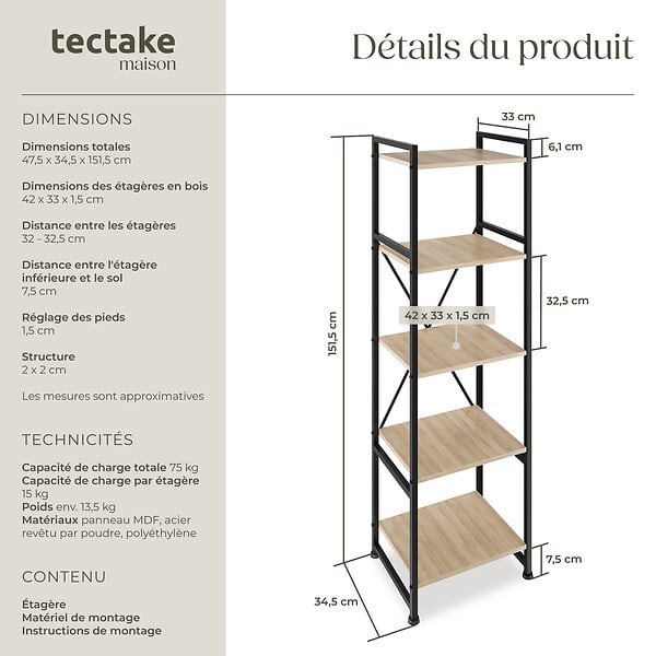 TECTAKE - Etagère bibliothèque MANCHESTER style industriel 47,5 x 34,5 x 151,5 cm Bois clair industriel, Chêne Sonoma - large