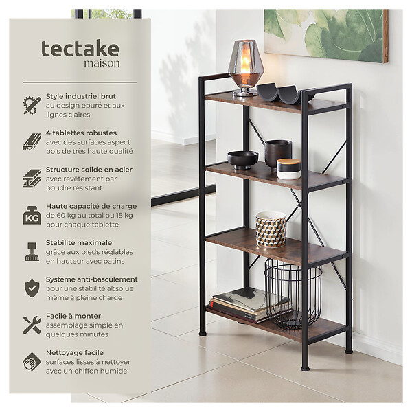 TECTAKE - Etagère bibliothèque LEEDS style industriel 67,5 x 31,5 x 121,5 cm Bois foncé industriel, rustique - large
