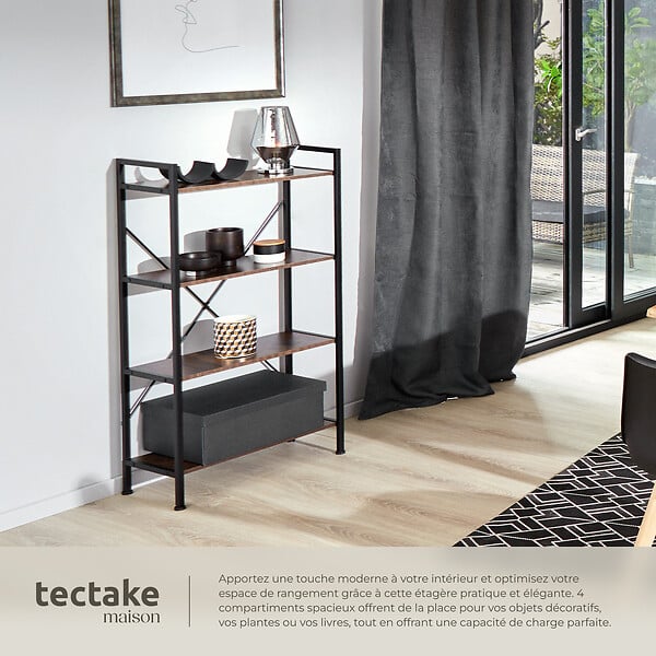 TECTAKE - Etagère bibliothèque LEEDS style industriel 67,5 x 31,5 x 121,5 cm Bois foncé industriel, rustique - large