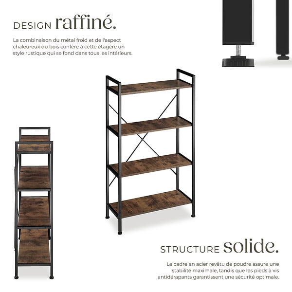 TECTAKE - Etagère bibliothèque LEEDS style industriel 67,5 x 31,5 x 121,5 cm Bois foncé industriel, rustique - large