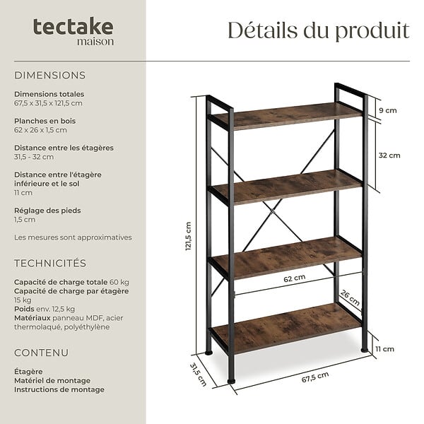 TECTAKE - Etagère bibliothèque LEEDS style industriel 67,5 x 31,5 x 121,5 cm Bois foncé industriel, rustique - large