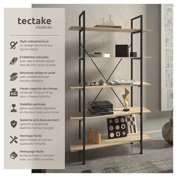 TECTAKE - Etagère bibliothèque GLASGOW style industriel 106 x 34,5 x 179,5 cm Bois clair industriel, Chêne Sonoma - large