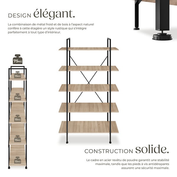 TECTAKE - Etagère bibliothèque GLASGOW style industriel 106 x 34,5 x 179,5 cm Bois clair industriel, Chêne Sonoma - large