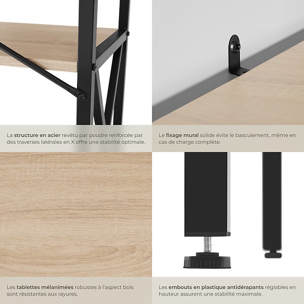 TECTAKE - Etagère Barry 61,5x31,5x133,5cm Bois clair industriel, Chêne Sonoma - large