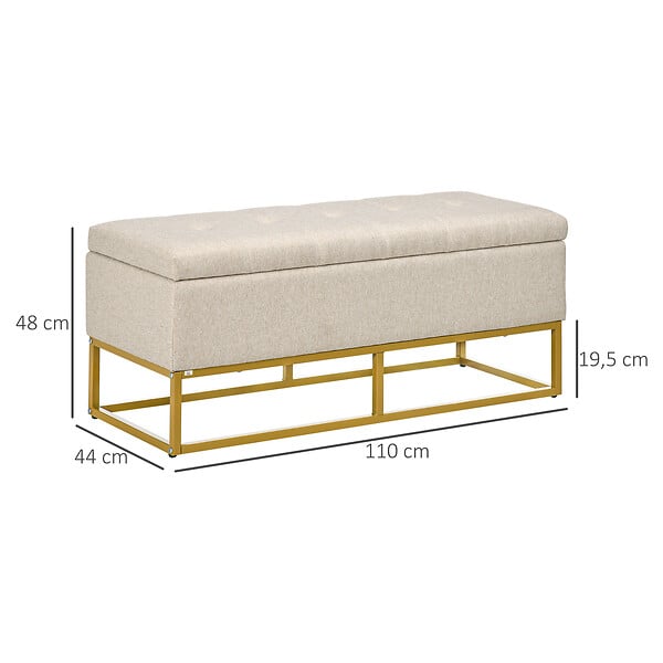 HOMCOM - Banc banquette coffre de rangement 2 en 1 piètement acier doré assise capitonnée tissu beige - large