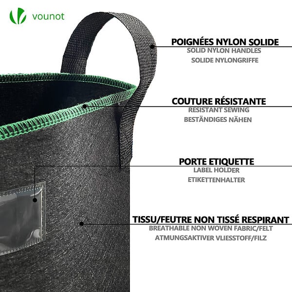 VOUNOT - Lot de 3 sacs de plantation non tisse 200L avec poignee Noir - large