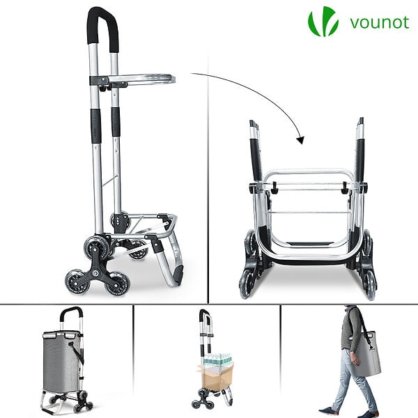 VOUNOT - Chariot de courses pliable monte escalier aluminium avec sac isotherme gris - large
