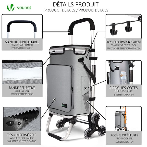 VOUNOT - Chariot de course pliable monte escalier aluminium avec crochets gris - large