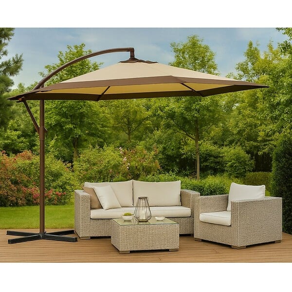 KZ GARDEN - Parasol de Jardin Déporté 3 x 3 Rond Inclinable Sable et Bordure Marron - Parasol déporté Toile Polyester Anti UV KZ GARDEN - large