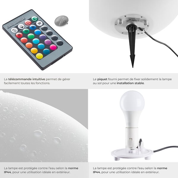 TECTAKE - Lampe boule LUMINOUS GLOBE avec ampoule LED et télécommande blanc - large