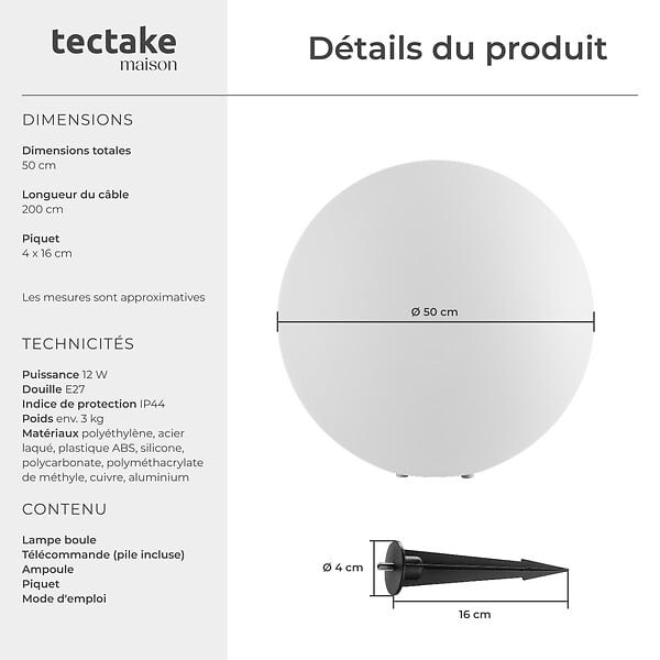 TECTAKE - Lampe boule LUMINOUS GLOBE avec ampoule LED et télécommande blanc - large