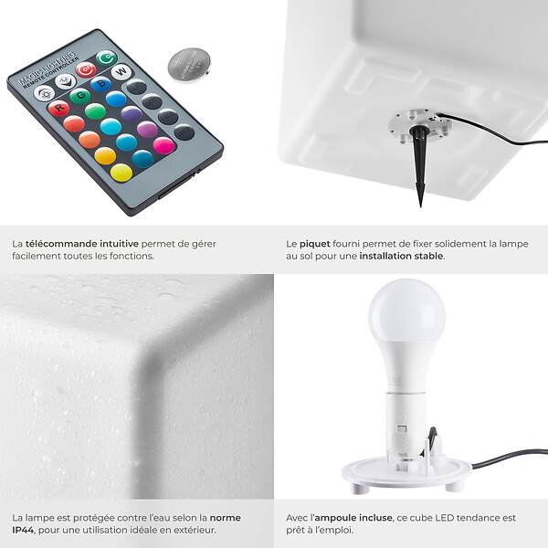 TECTAKE - Lampe cube LUMINOUS CUBE avec ampoule LED et télécommande blanc - large