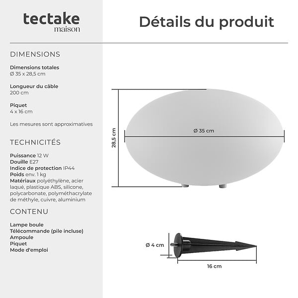 TECTAKE - Lampe boule LUMINOUS EYE avec ampoule LED et télécommande blanc - large