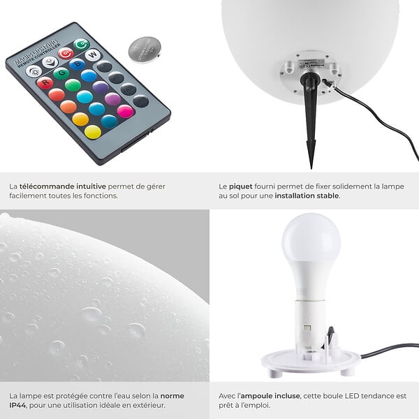 TECTAKE - Lampe boule LUMINOUS EYE avec ampoule LED et télécommande blanc - large
