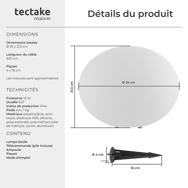 TECTAKE - Lampe boule LUMINOUS EYE avec ampoule LED et télécommande blanc - large