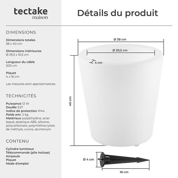 TECTAKE - Cylindre lumineux blanc - large