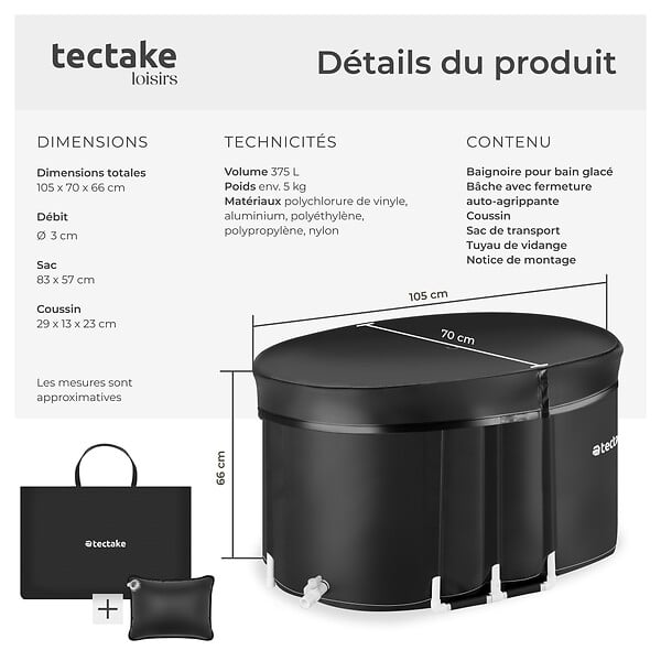 TECTAKE - Baignoire à glace ESPOO avec isolation triple et cadre en aluminium noir - large