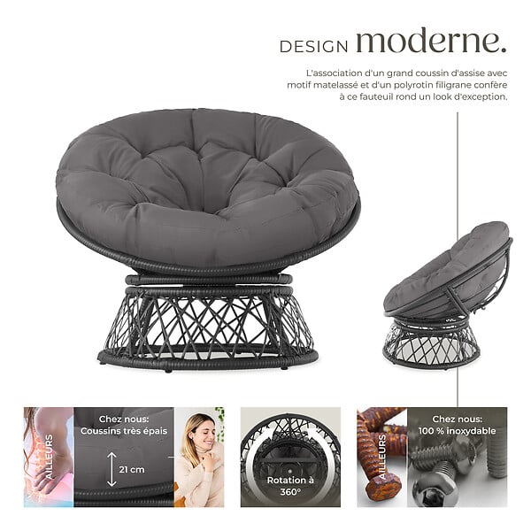 TECTAKE - Fauteuil papasan en rotin Gargano rotatif noir - large