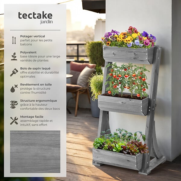 TECTAKE - Jardinière verticale FLORA en bois laqué avec toile de paillage gris - large