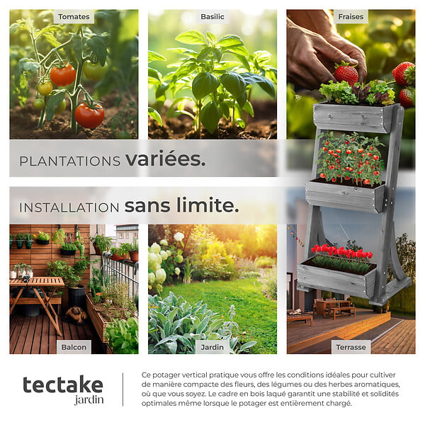 TECTAKE - Jardinière verticale FLORA en bois laqué avec toile de paillage gris - large