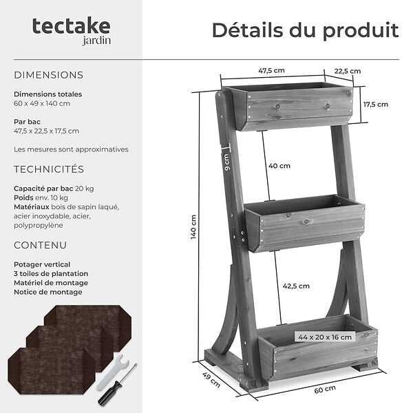 TECTAKE - Jardinière verticale FLORA en bois laqué avec toile de paillage gris - large