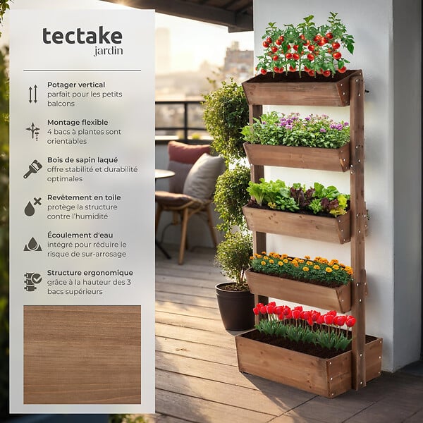 TECTAKE - Jardinière verticale FLORA en bois laqué avec toile de paillage marron - large