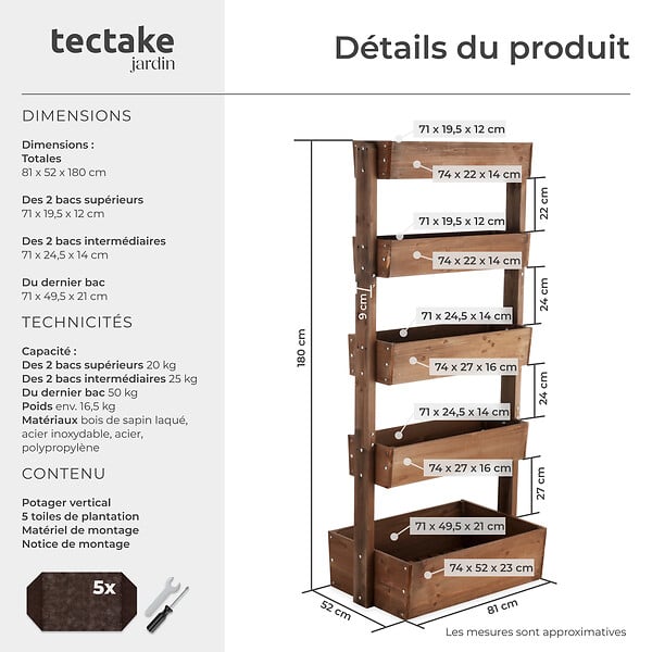 TECTAKE - Jardinière verticale FLORA en bois laqué avec toile de paillage marron - large