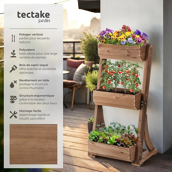 TECTAKE - Jardinière verticale FLORA en bois laqué avec toile de paillage marron - large