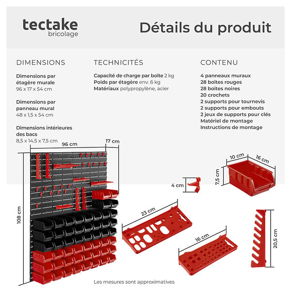 TECTAKE - Magazine de petites pièces avec 28 boîtes empilables et supports d'outils noir - large