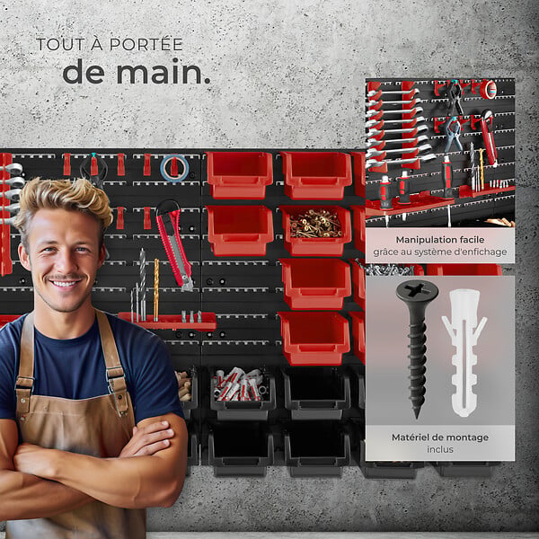 TECTAKE - Magazine de petites pièces avec 28 boîtes empilables et supports d'outils noir - large