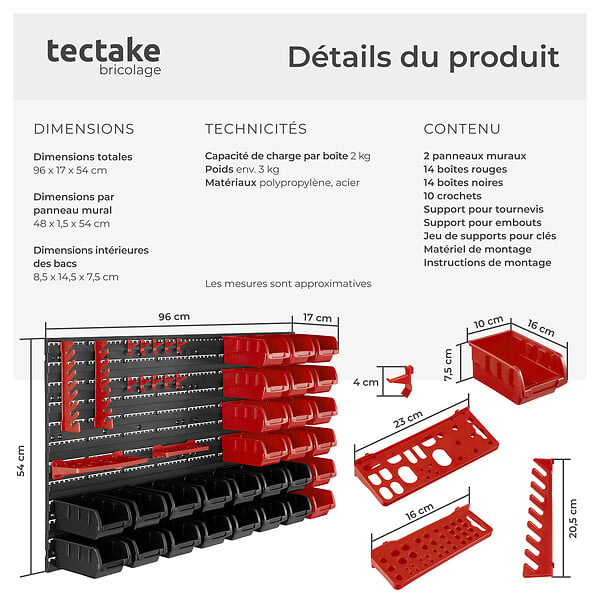 TECTAKE - Magazine de petites pièces avec 28 boîtes empilables et supports d'outils noir - large