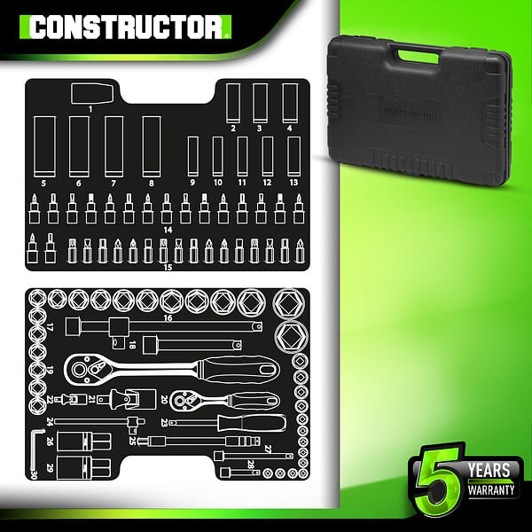CONSTRUCTOR - Coffre à douilles et embouts 94 pcs Chrome Vanadium - large