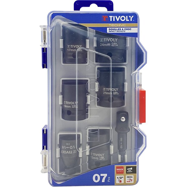TIVOLY - Coffret 7 Douilles à choc Ø13/17/19/21/24 mm + adaptateur 1/2″ + porte-embout – Acier CrMo TIVOLY - large