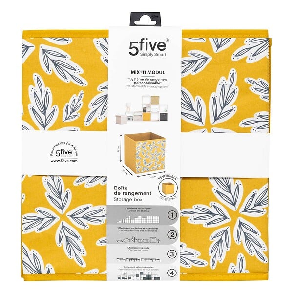 5 FIVE SIMPLY SMART - Boîte de rangement "Mix 'n' Modul" motif folia jaune 31x31cm - large